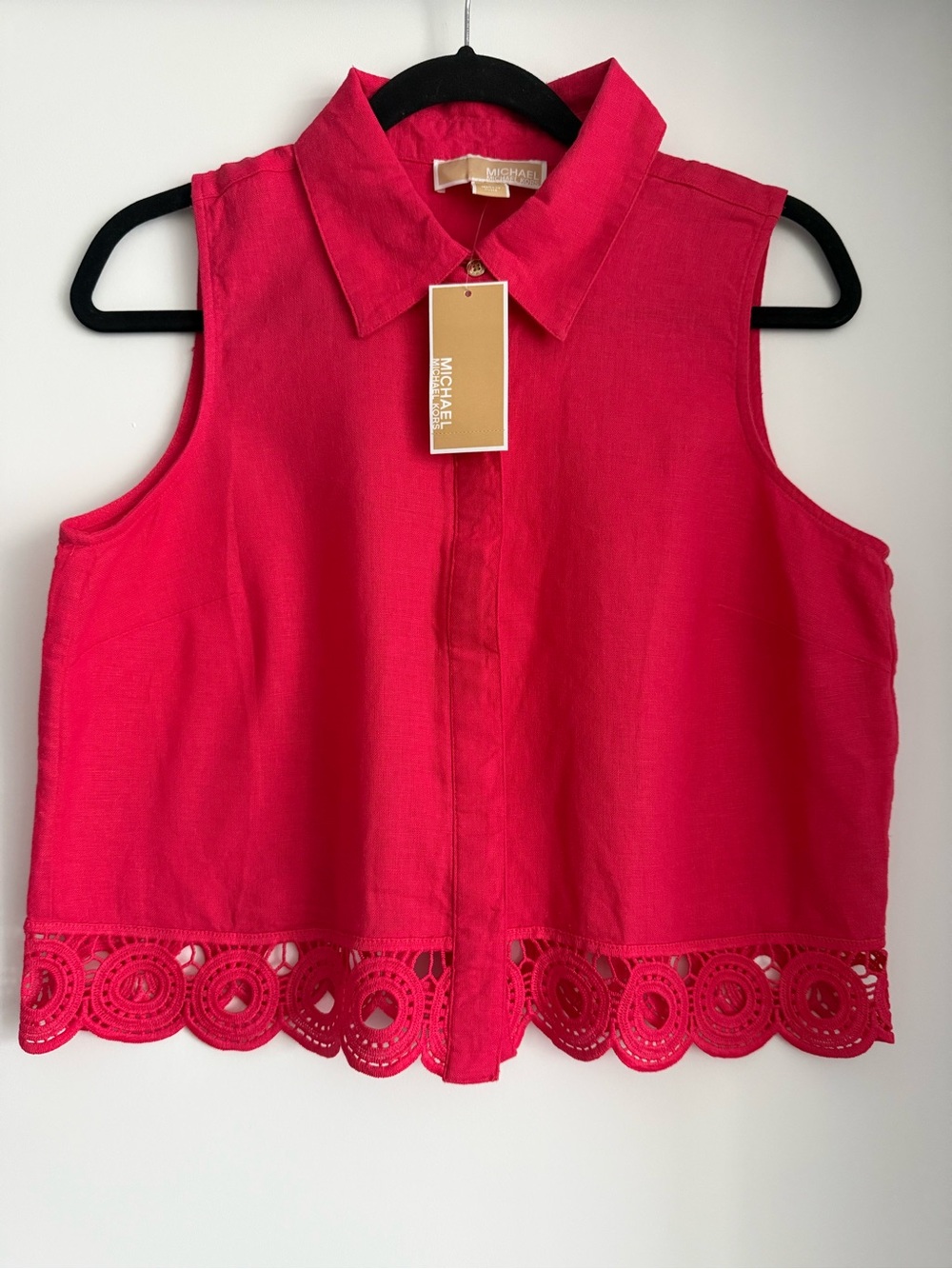 🏖️ Michael Kors Linen Blend Fuchsia Sleeveless Collared Lace-Hem Top